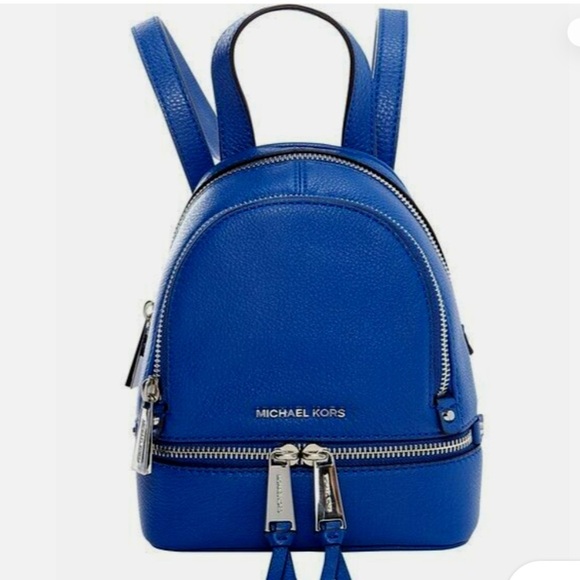 MICHAEL KORS RHEA ZIP ELECTRIC BLUE LEATHER SILVER XS X-BODY BACKPACK BAG - Picture 1 of 10